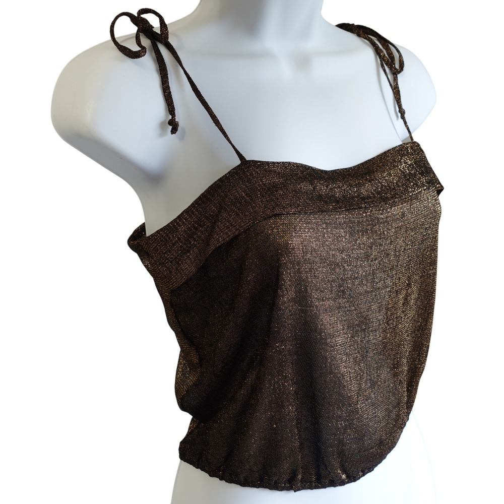 Stoplight Vtg Metallic Lurex Cami Top Sparkly Bronze Tie Strap Crop Disco Med